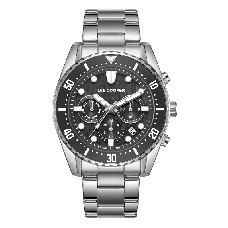 montre-lee-cooper-en-acier-argente-cadran-noir-chronographe